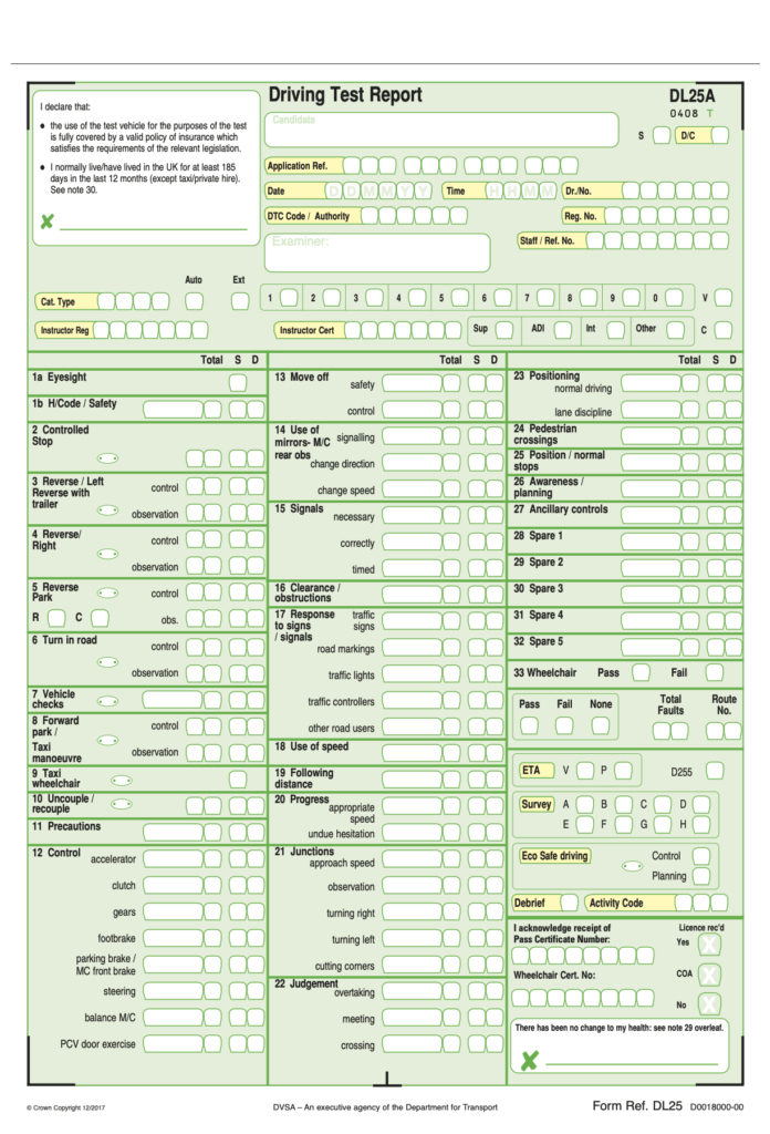 Driving test marking sheet