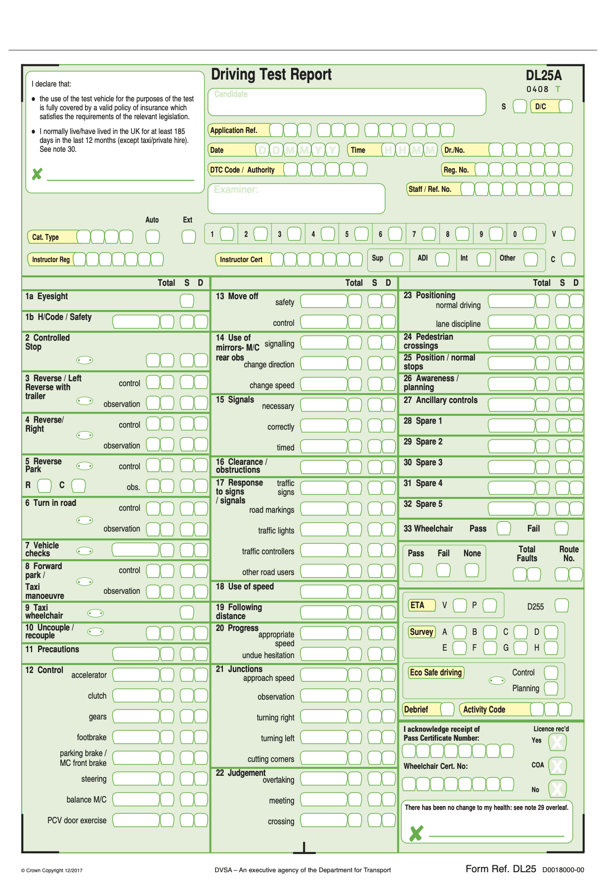 Driving test marking sheet