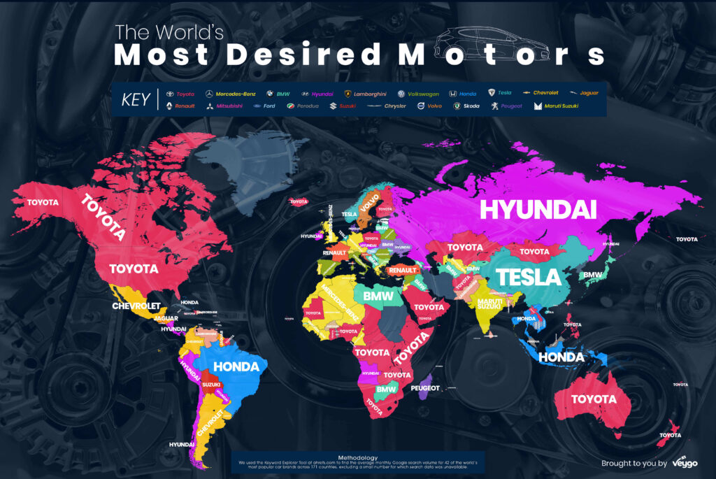 World map of the most searched car brand in each country. Toyota leads across North America, Australia and much of Africa, Hyundai in Russia, Tesla in China and Honda in Brazil.